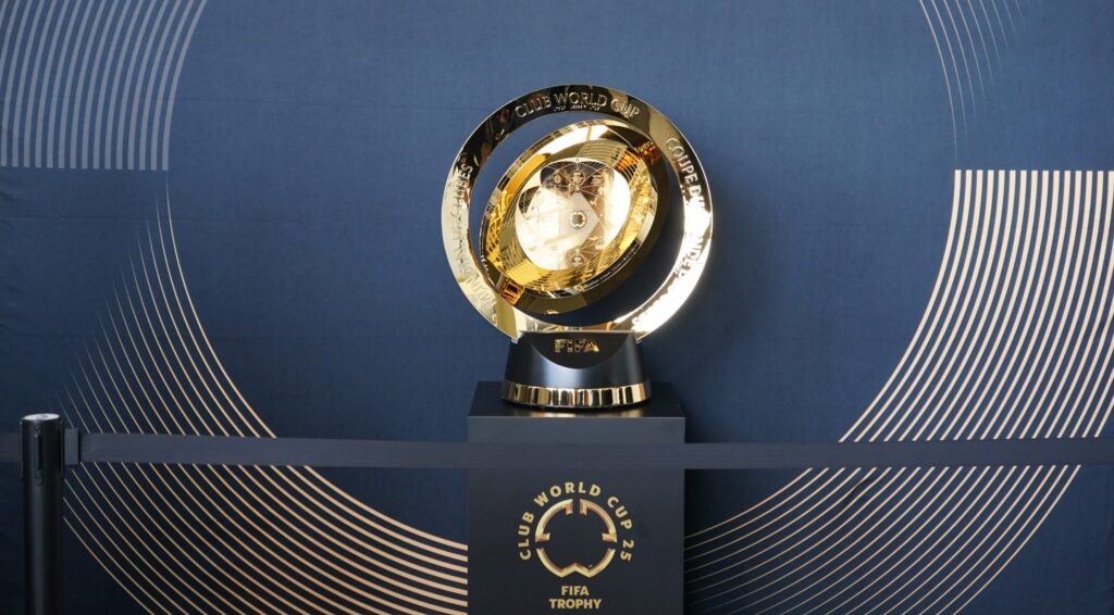 The trophy sits on a pedastal